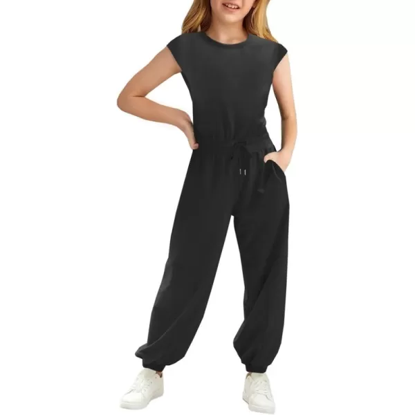 Haloumoning Girls Jumpsuits Kids Fashion Crewneck Elastic Waist Long Pants Rompers with Pockets 5-14 Years
