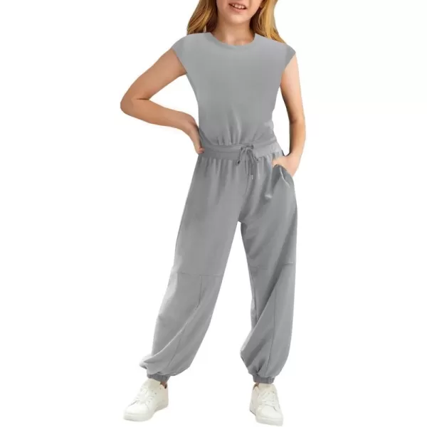 Haloumoning Girls Jumpsuits Kids Fashion Crewneck Elastic Waist Long Pants Rompers with Pockets 5-14 Years