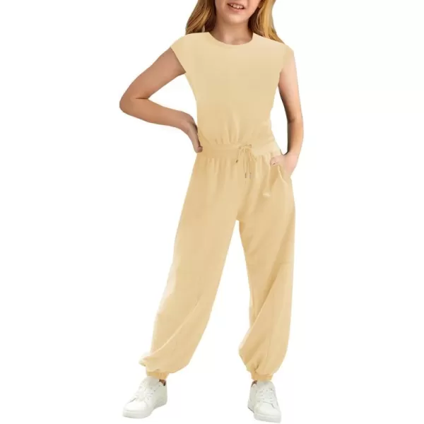 Haloumoning Girls Jumpsuits Kids Fashion Crewneck Elastic Waist Long Pants Rompers with Pockets 5-14 Years