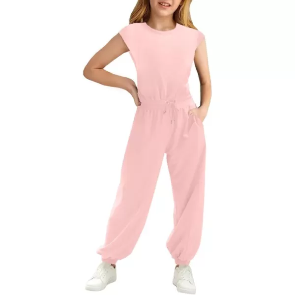 Haloumoning Girls Jumpsuits Kids Fashion Crewneck Elastic Waist Long Pants Rompers with Pockets 5-14 Years