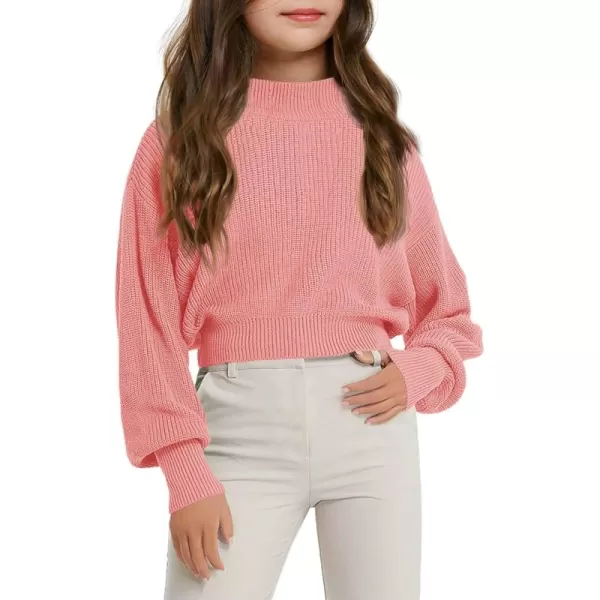 Haloumoning Girls Knit Pullover Sweaters Mock Neck Long Lantern Sleeve Jumper Tops 5-14 Years