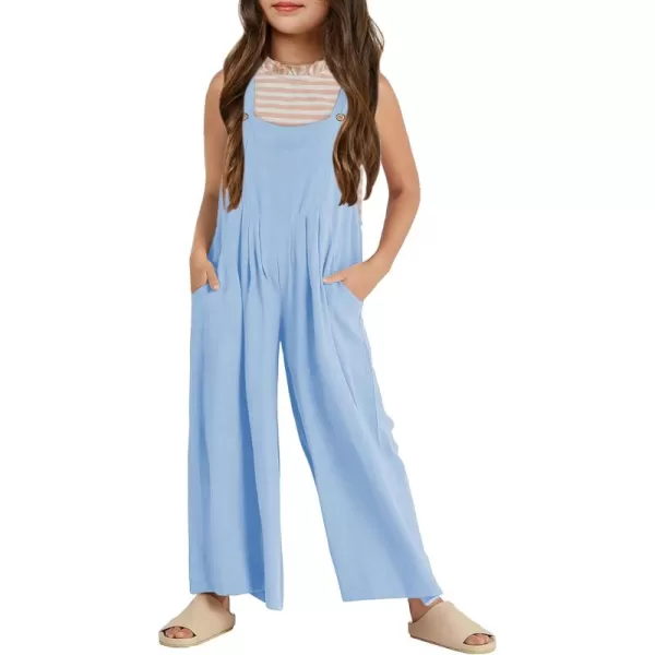 Haloumoning Girls Overalls Kids Casual Sleeveless Wide Leg Jumpsuit Loose Rompers with Pockets 5-14 Years