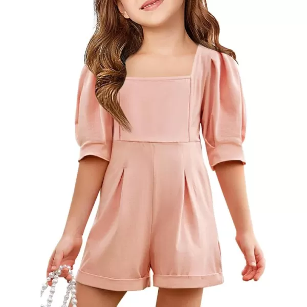 Haloumoning Girls Rompers Short Puff Sleeve Wide Leg Jumpsuits Summer Casual Square Neck Backless Cute Outfits 5-14 Years