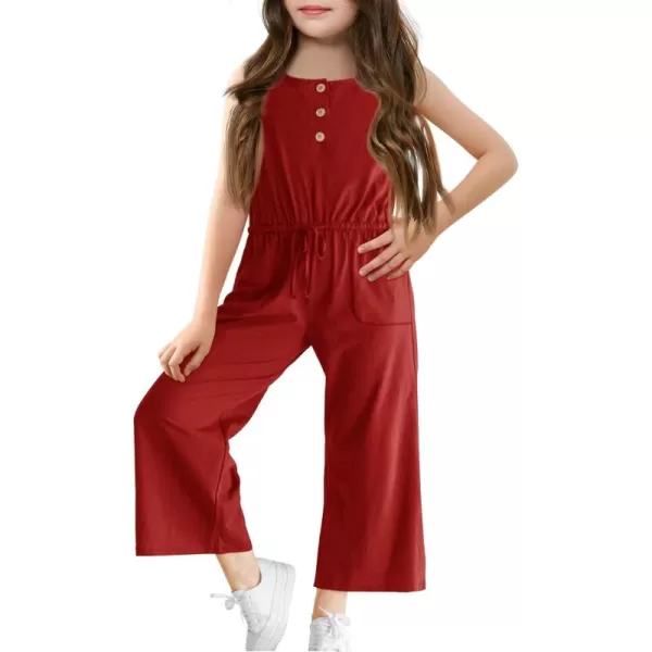 Haloumoning Girls Sleeveless Jumpsuits Kids Casual Wide Leg Pants Rompers with Pockets 5-14 Years