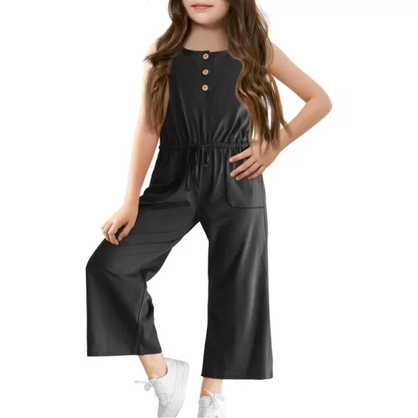 Haloumoning Girls Sleeveless Jumpsuits Kids Casual Wide Leg Pants Rompers with Pockets 5-14 Years