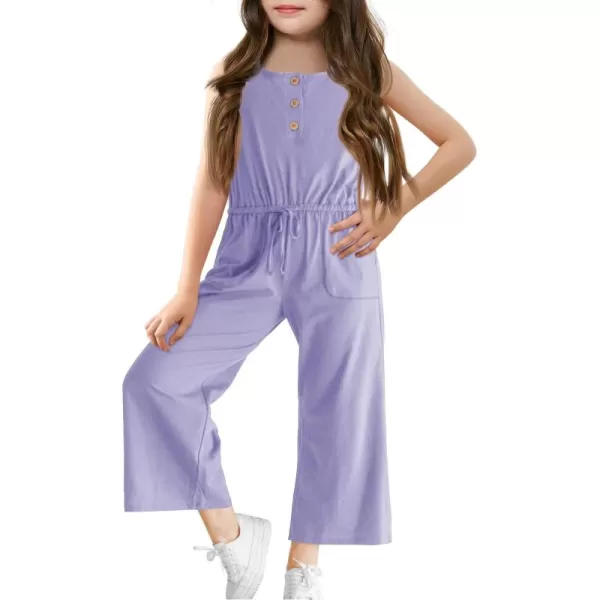 Haloumoning Girls Sleeveless Jumpsuits Kids Casual Wide Leg Pants Rompers with Pockets 5-14 Years
