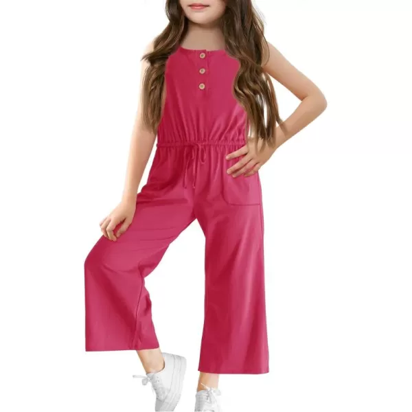 Haloumoning Girls Sleeveless Jumpsuits Kids Casual Wide Leg Pants Rompers with Pockets 5-14 Years