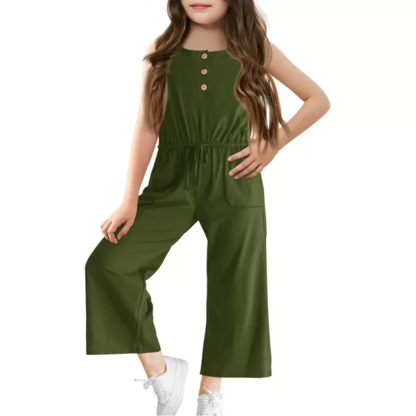 Haloumoning Girls Sleeveless Jumpsuits Kids Casual Wide Leg Pants Rompers with Pockets 5-14 Years