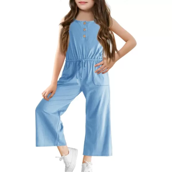Haloumoning Girls Sleeveless Jumpsuits Kids Casual Wide Leg Pants Rompers with Pockets 5-14 Years