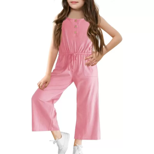 Haloumoning Girls Sleeveless Jumpsuits Kids Casual Wide Leg Pants Rompers with Pockets 5-14 Years