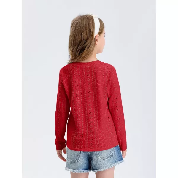 Girls Eyelet Long Sleeve Shirts Kids Casual V Neck Solid Blouse Tops 5-14 Years