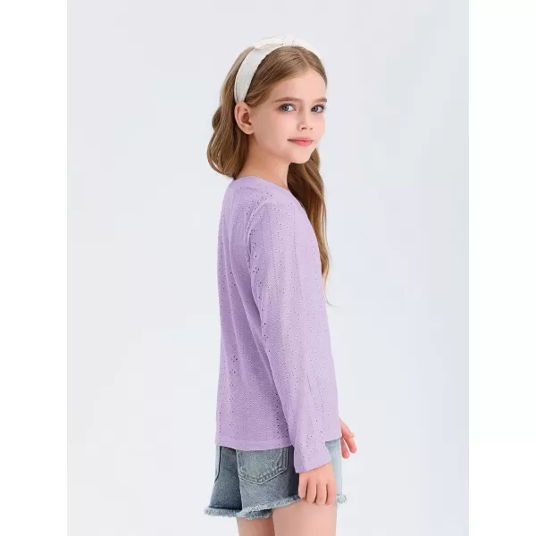 Girls Eyelet Long Sleeve Shirts Kids Casual V Neck Solid Blouse Tops 5-14 Years