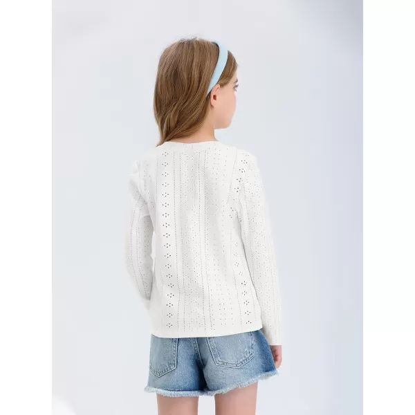 Girls Eyelet Long Sleeve Shirts Kids Casual V Neck Solid Blouse Tops 5-14 Years