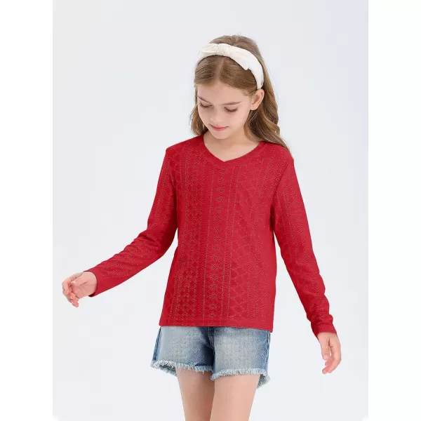 Girls Eyelet Long Sleeve Shirts Kids Casual V Neck Solid Blouse Tops 5-14 Years