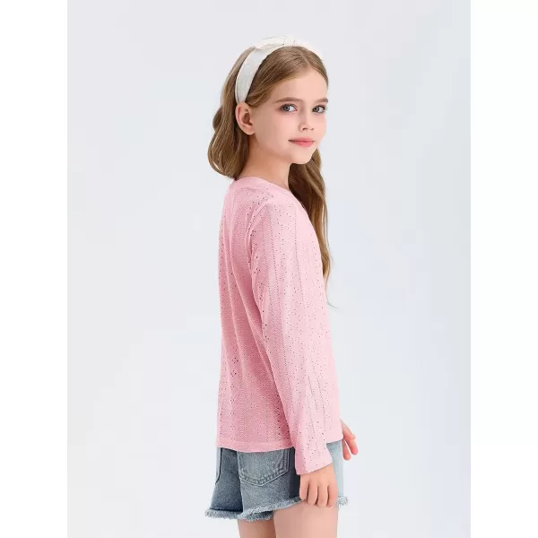 Girls Eyelet Long Sleeve Shirts Kids Casual V Neck Solid Blouse Tops 5-14 Years