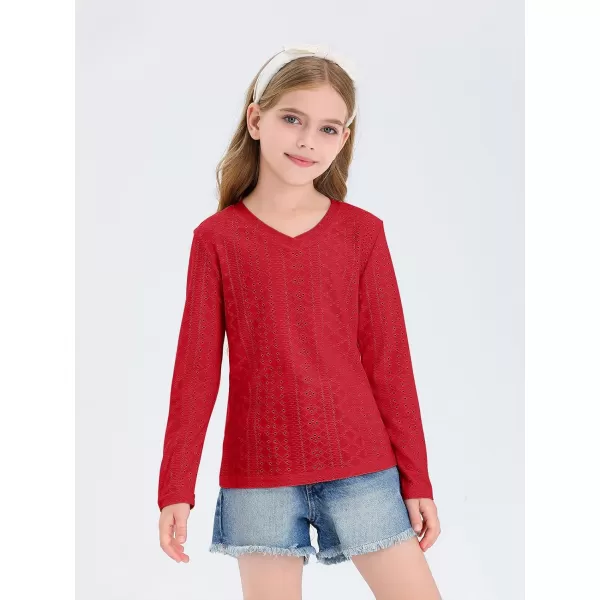 Girls Eyelet Long Sleeve Shirts Kids Casual V Neck Solid Blouse Tops 5-14 Years