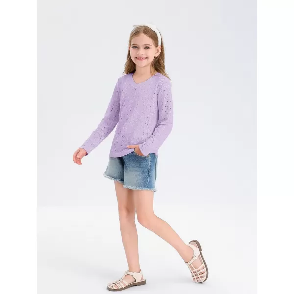 Girls Eyelet Long Sleeve Shirts Kids Casual V Neck Solid Blouse Tops 5-14 Years