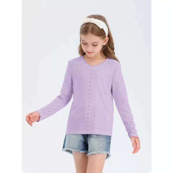 Girls Eyelet Long Sleeve Shirts Kids Casual V Neck Solid Blouse Tops 5-14 Years