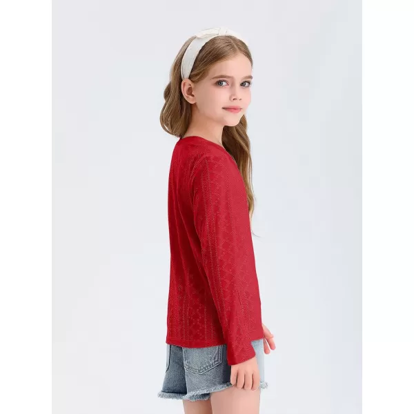 Girls Eyelet Long Sleeve Shirts Kids Casual V Neck Solid Blouse Tops 5-14 Years