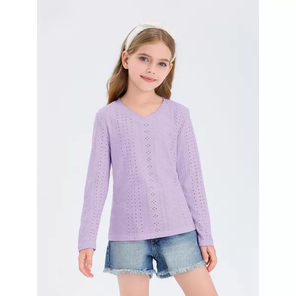 Girls Eyelet Long Sleeve Shirts Kids Casual V Neck Solid Blouse Tops 5-14 Years