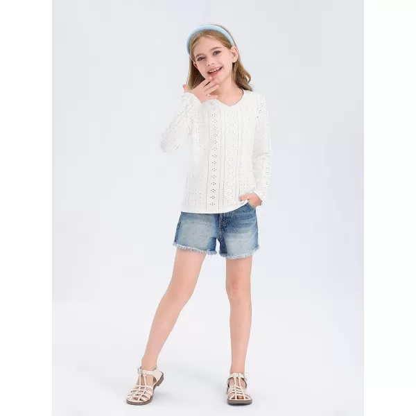Girls Eyelet Long Sleeve Shirts Kids Casual V Neck Solid Blouse Tops 5-14 Years