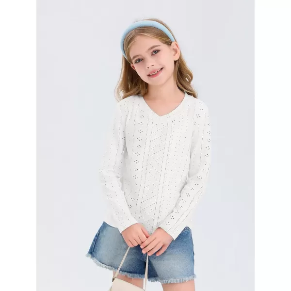 Girls Eyelet Long Sleeve Shirts Kids Casual V Neck Solid Blouse Tops 5-14 Years
