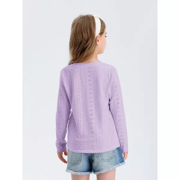 Girls Eyelet Long Sleeve Shirts Kids Casual V Neck Solid Blouse Tops 5-14 Years