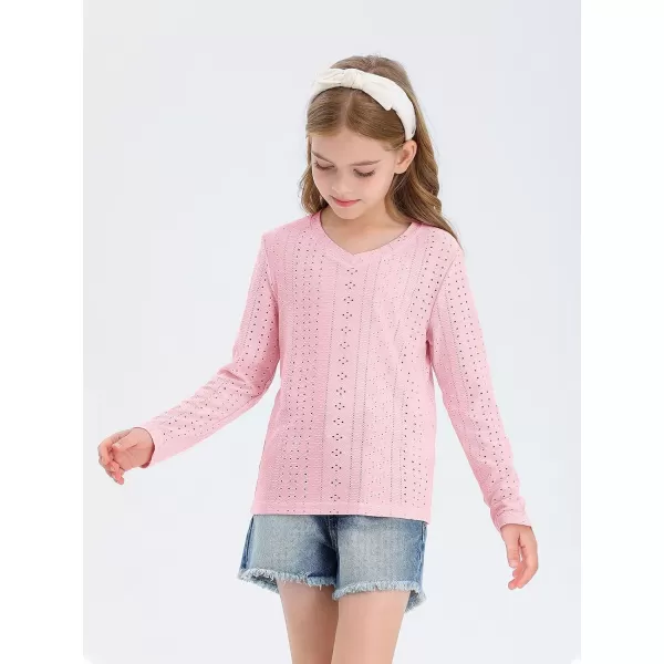 Girls Eyelet Long Sleeve Shirts Kids Casual V Neck Solid Blouse Tops 5-14 Years
