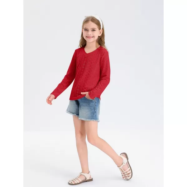 Girls Eyelet Long Sleeve Shirts Kids Casual V Neck Solid Blouse Tops 5-14 Years
