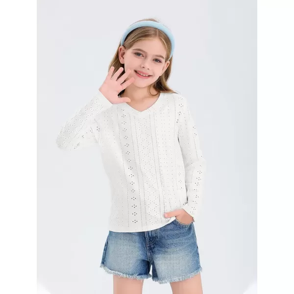 Girls Eyelet Long Sleeve Shirts Kids Casual V Neck Solid Blouse Tops 5-14 Years