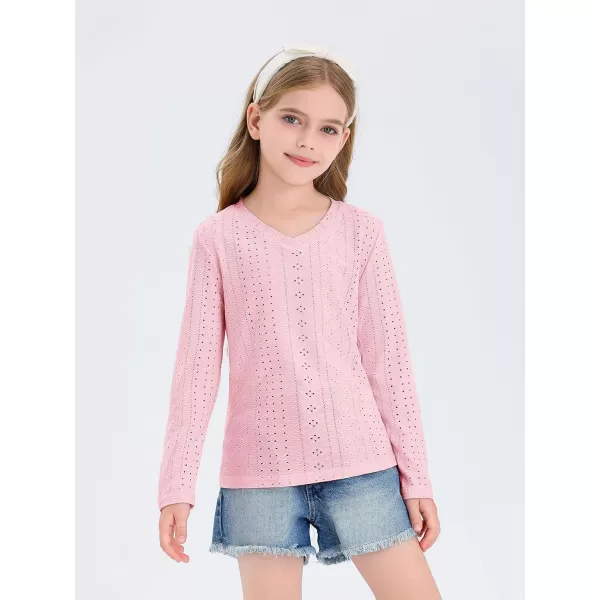 Girls Eyelet Long Sleeve Shirts Kids Casual V Neck Solid Blouse Tops 5-14 Years