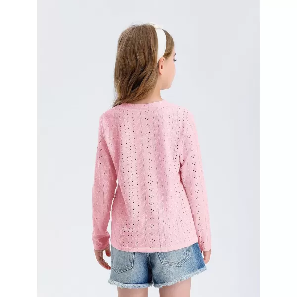 Girls Eyelet Long Sleeve Shirts Kids Casual V Neck Solid Blouse Tops 5-14 Years