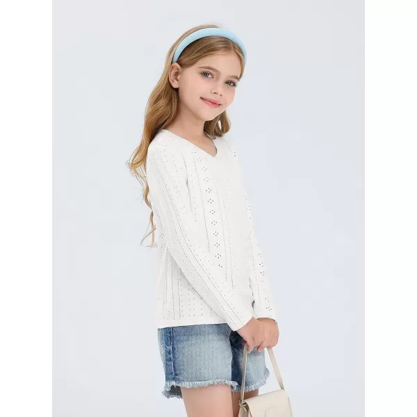 Girls Eyelet Long Sleeve Shirts Kids Casual V Neck Solid Blouse Tops 5-14 Years