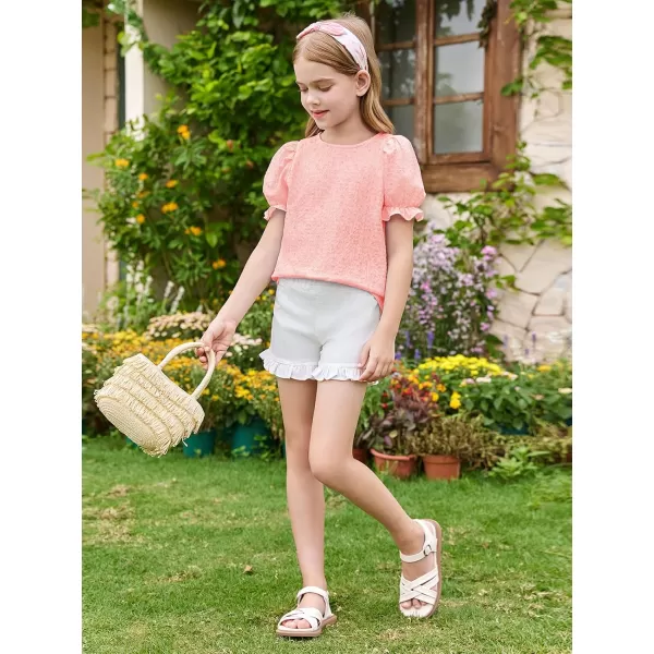 Girls Floral Puff Short Sleeve Shirts Summer Cute T Shirts Tops 5-14 years