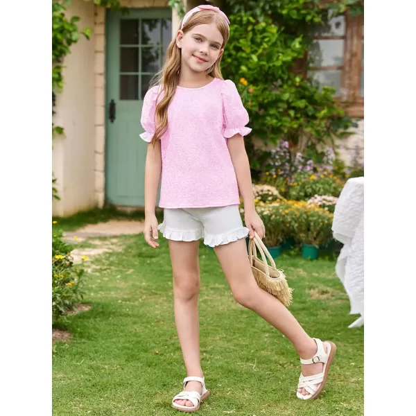 Girls Floral Puff Short Sleeve Shirts Summer Cute T Shirts Tops 5-14 years