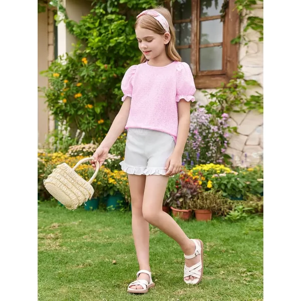 Girls Floral Puff Short Sleeve Shirts Summer Cute T Shirts Tops 5-14 years