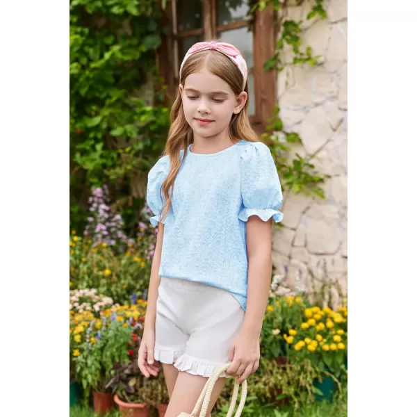 Girls Floral Puff Short Sleeve Shirts Summer Cute T Shirts Tops 5-14 years