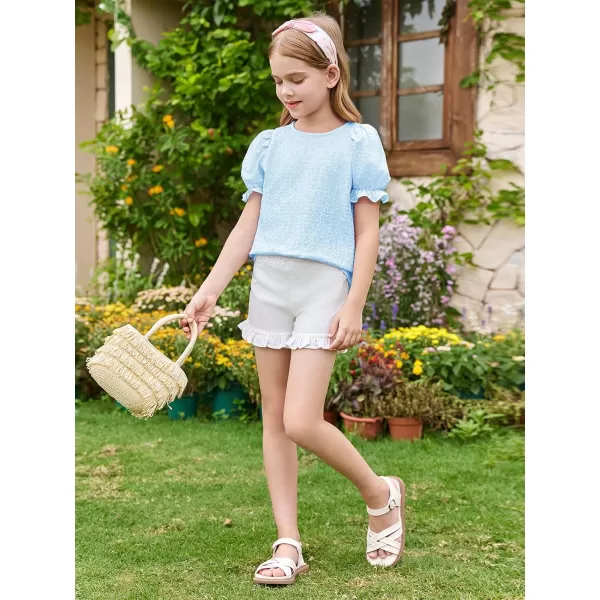 Girls Floral Puff Short Sleeve Shirts Summer Cute T Shirts Tops 5-14 years