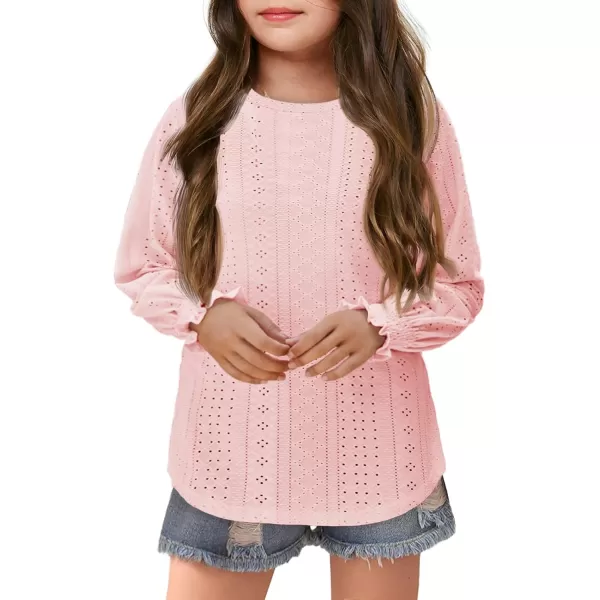 Girls Long Sleeve Hollow Out Shirts Kids Cute Crewneck Ruffle Cuffs Blouse Tops 5-14 Years