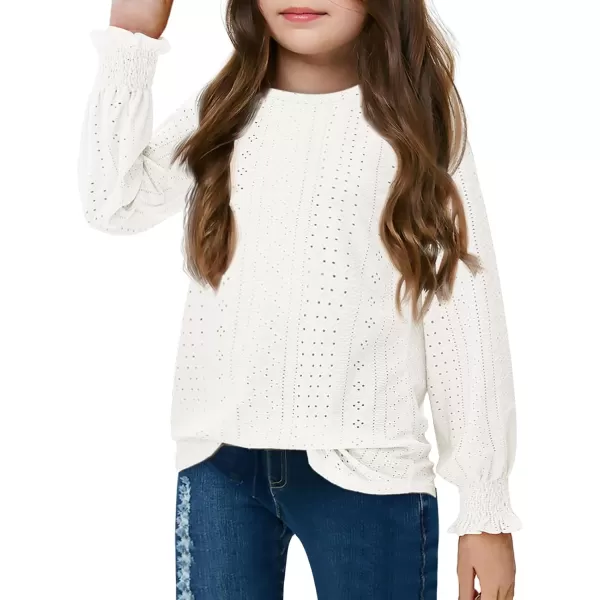 Girls Long Sleeve Hollow Out Shirts Kids Cute Crewneck Ruffle Cuffs Blouse Tops 5-14 Years