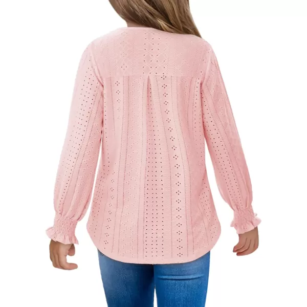 Girls Long Sleeve Hollow Out Shirts Kids Cute Crewneck Ruffle Cuffs Blouse Tops 5-14 Years
