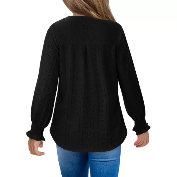 Girls Long Sleeve Hollow Out Shirts Kids Cute Crewneck Ruffle Cuffs Blouse Tops 5-14 Years