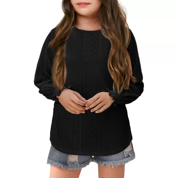 Girls Long Sleeve Hollow Out Shirts Kids Cute Crewneck Ruffle Cuffs Blouse Tops 5-14 Years