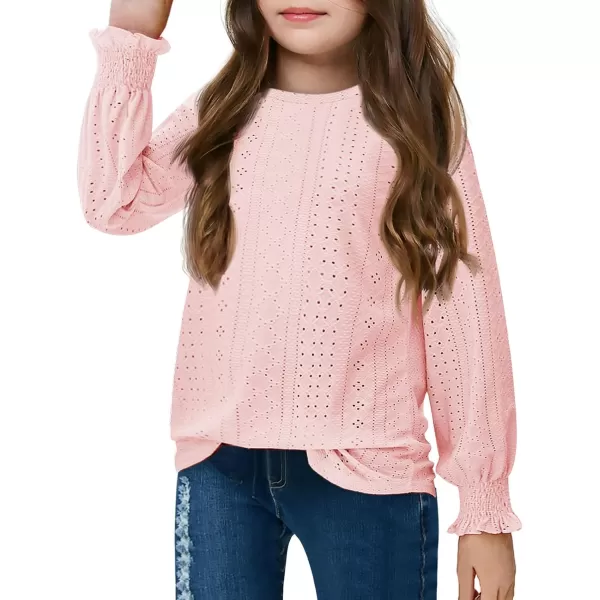 Girls Long Sleeve Hollow Out Shirts Kids Cute Crewneck Ruffle Cuffs Blouse Tops 5-14 Years