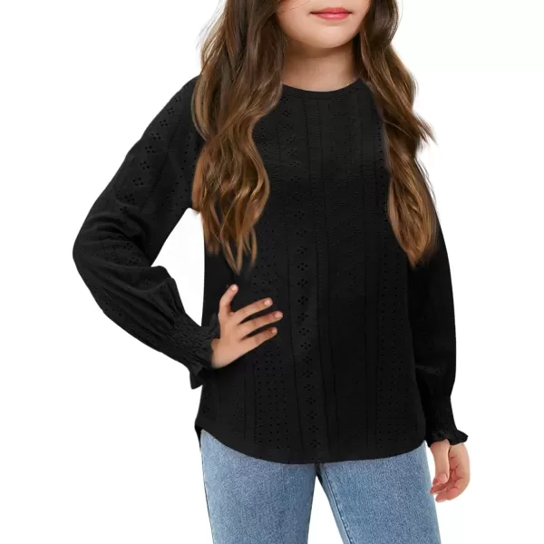 Girls Long Sleeve Hollow Out Shirts Kids Cute Crewneck Ruffle Cuffs Blouse Tops 5-14 Years