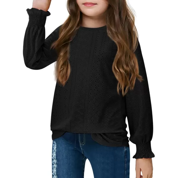 Girls Long Sleeve Hollow Out Shirts Kids Cute Crewneck Ruffle Cuffs Blouse Tops 5-14 Years