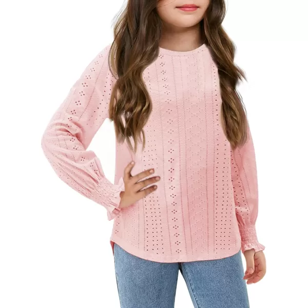 Girls Long Sleeve Hollow Out Shirts Kids Cute Crewneck Ruffle Cuffs Blouse Tops 5-14 Years