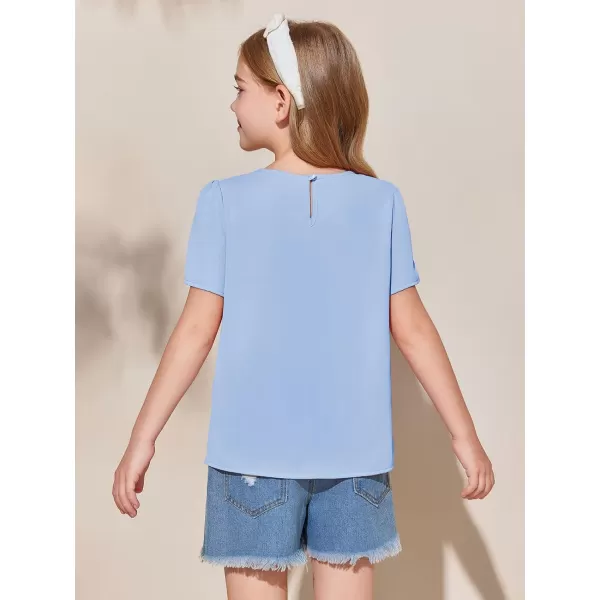 Girls Shirts Summer Short Sleeve Cute Tops Chiffon Pleated Blouses 5-14 Years