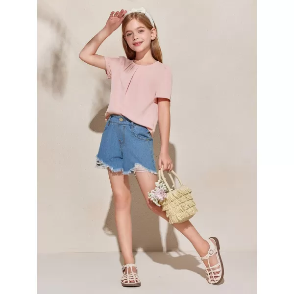 Girls Shirts Summer Short Sleeve Cute Tops Chiffon Pleated Blouses 5-14 Years