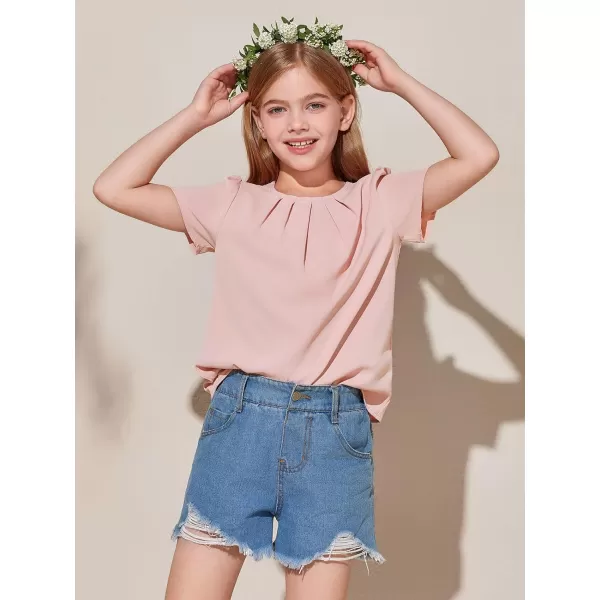 Girls Shirts Summer Short Sleeve Cute Tops Chiffon Pleated Blouses 5-14 Years